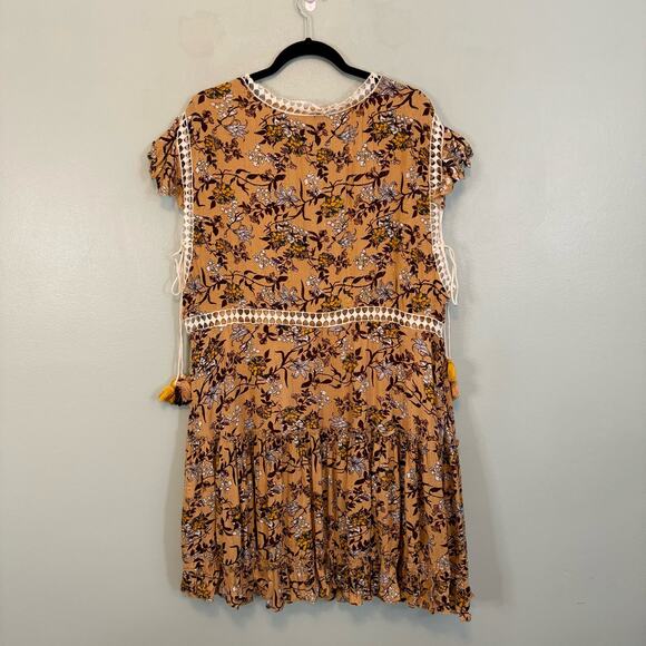 Arula Dress 2X Plus Brown Floral Shift V-Neck Ruffle Crochet Lace Tassels Boho - Picture 2 of 9